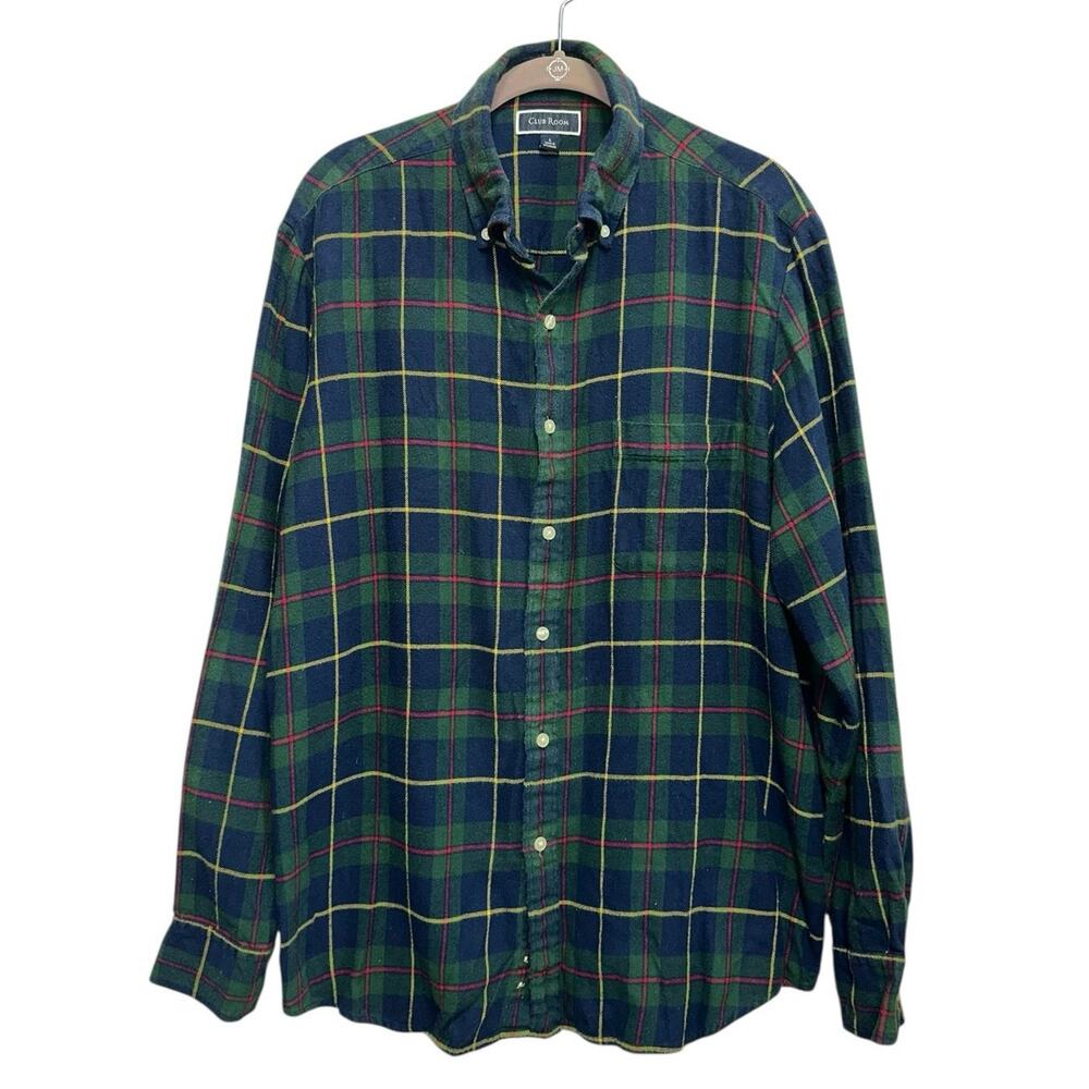 Club Room Plaid Flannel Button Down Shirt Green Blue Large